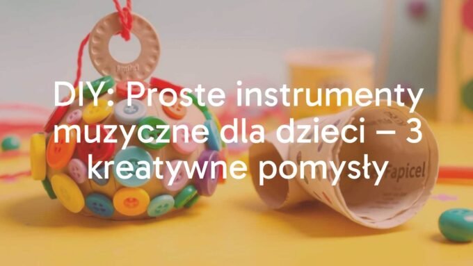 Colorful homemade musical instruments for kids, including jingle bells made from buttons and cardboard, a DIY kazoo from a paper towel roll, bright and playful, illustrative style.