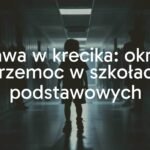 Dark and unsettling scene in a school hallway, depicting a shadowy figure of a child being targeted by peers, with dramatic lighting highlighting fear and tension, realistic.