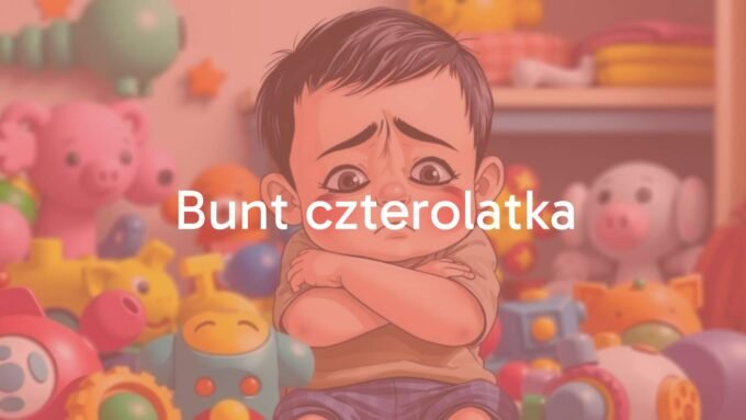 A frustrated four-year-old child crossing arms, colorful toys scattered around, expressive emotions, modern illustration style.