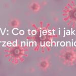 A microscopic view of HPV virus particles, abstract medical illustration, blue and pink hues, scientific and informative style.