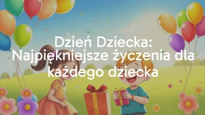 Happy smiling children playing outside, colorful balloons, bright sunny day, festive atmosphere, child holding a present, warm and joyful mood, illustrative style.