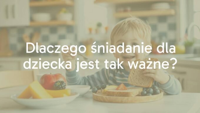 A happy child eating a healthy breakfast, colorful fruits and whole grain toast on table, warm morning light, cozy kitchen, cheerful and realistic style.