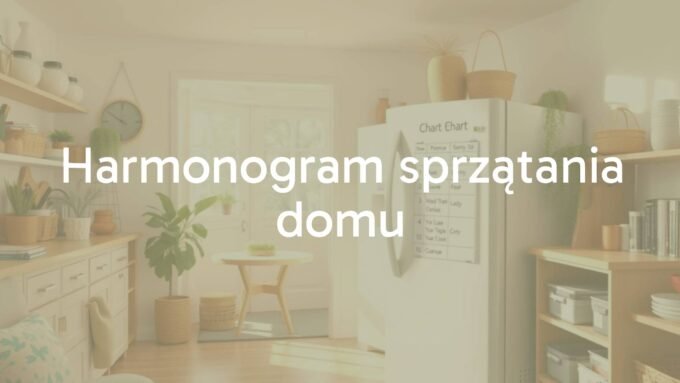 A clean and organized home with a cleaning schedule chart on the fridge, bright and cozy atmosphere, realistic.