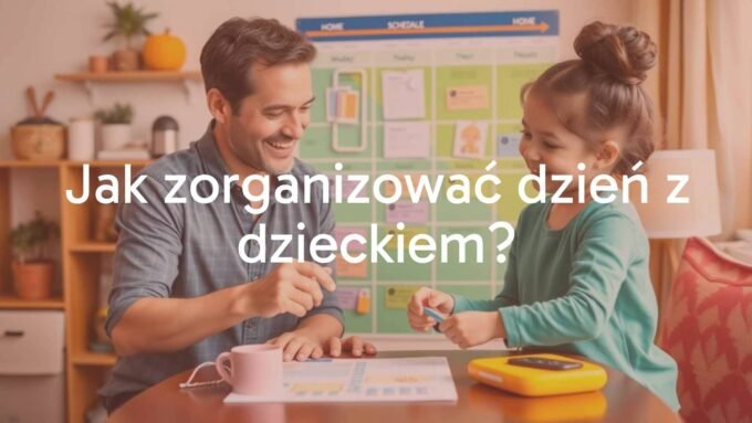 A happy parent and child at home, organizing daily activities with a colorful schedule planner, warm and cozy atmosphere, realistic.