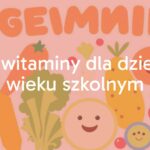 Colorful vitamins and healthy foods for school children, bright and cheerful, illustrative style.