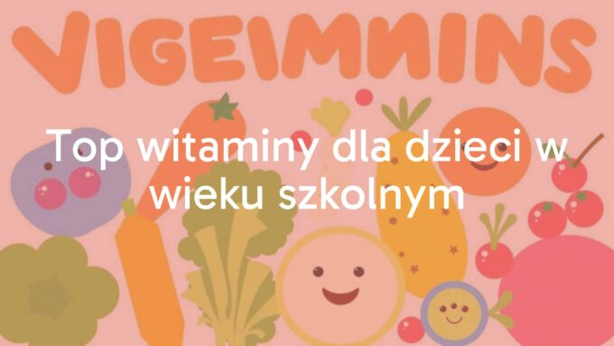 Colorful vitamins and healthy foods for school children, bright and cheerful, illustrative style.